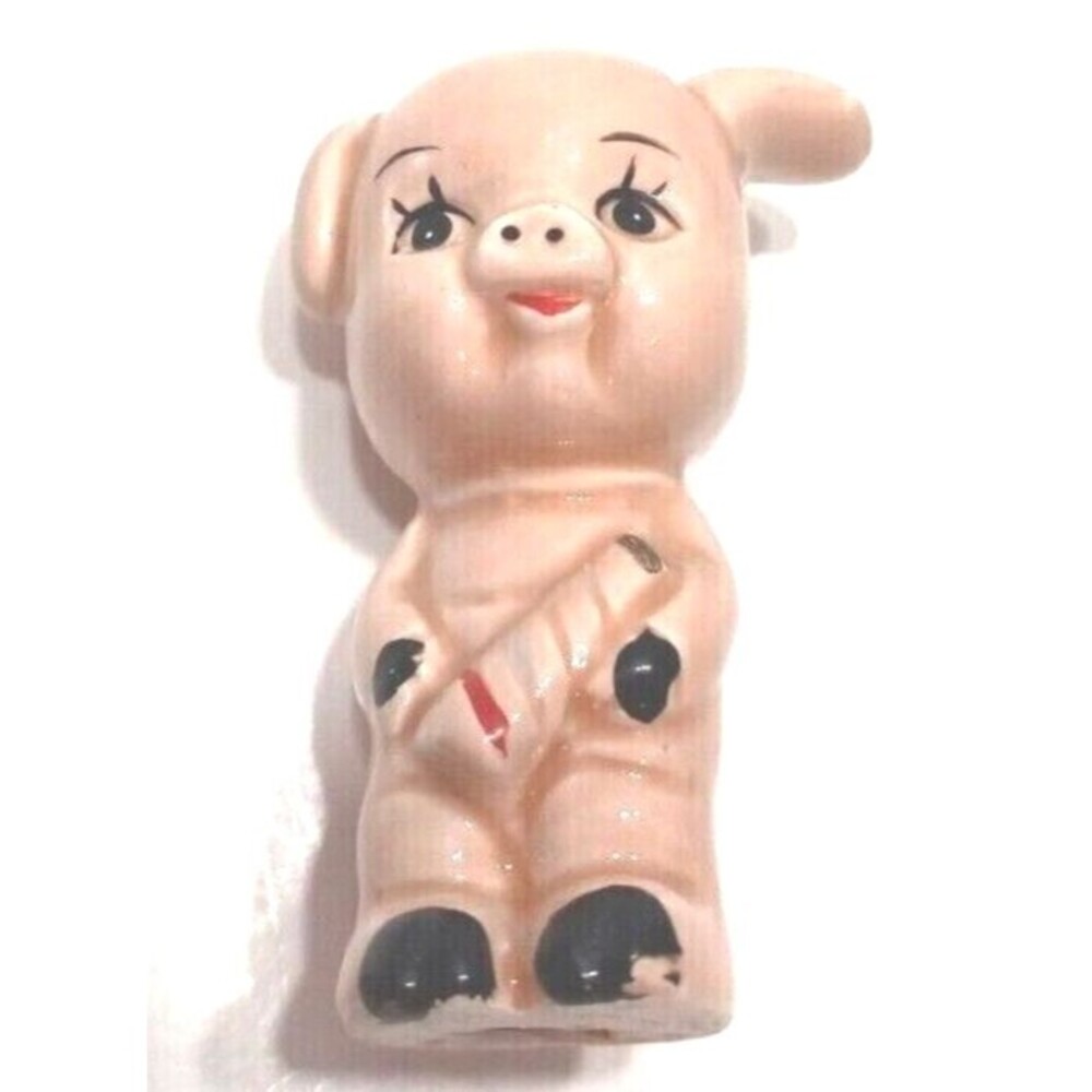 Porcelain Pink Pig Figurine 2 Inch Vintage Collectible Big Eyes One Ear Up Happy